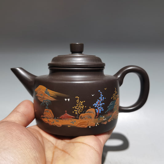 Chinese Yixing Zisha Clay Mountain River Scene Teapot w Artist Signed