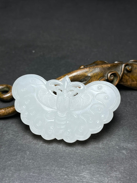 Chinese Natural White Hetian Jade Carved Butterfly Pendant