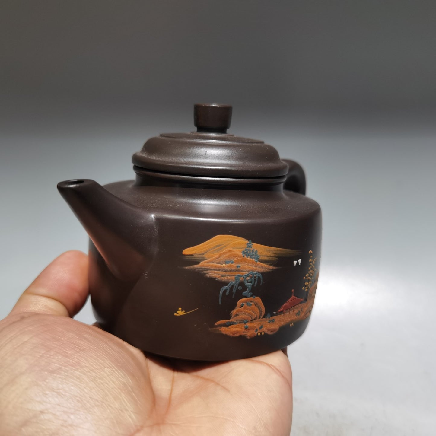 Chinese Yixing Zisha Clay Mountain River Scene Teapot w Artist Signed