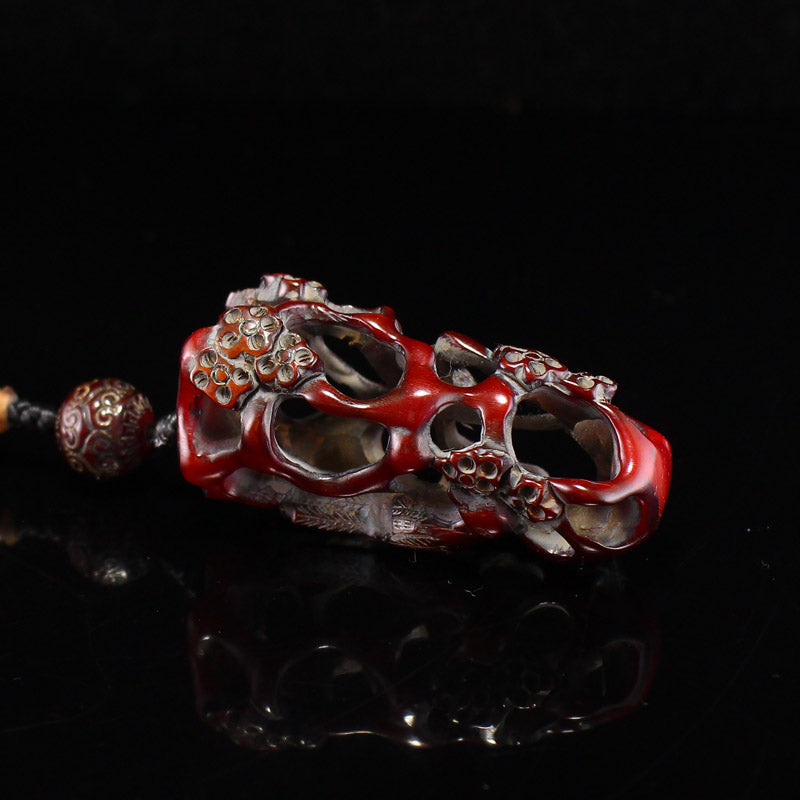 Chinese Ox Horn Carved Plum Flower Pendant w Beads Bracelet