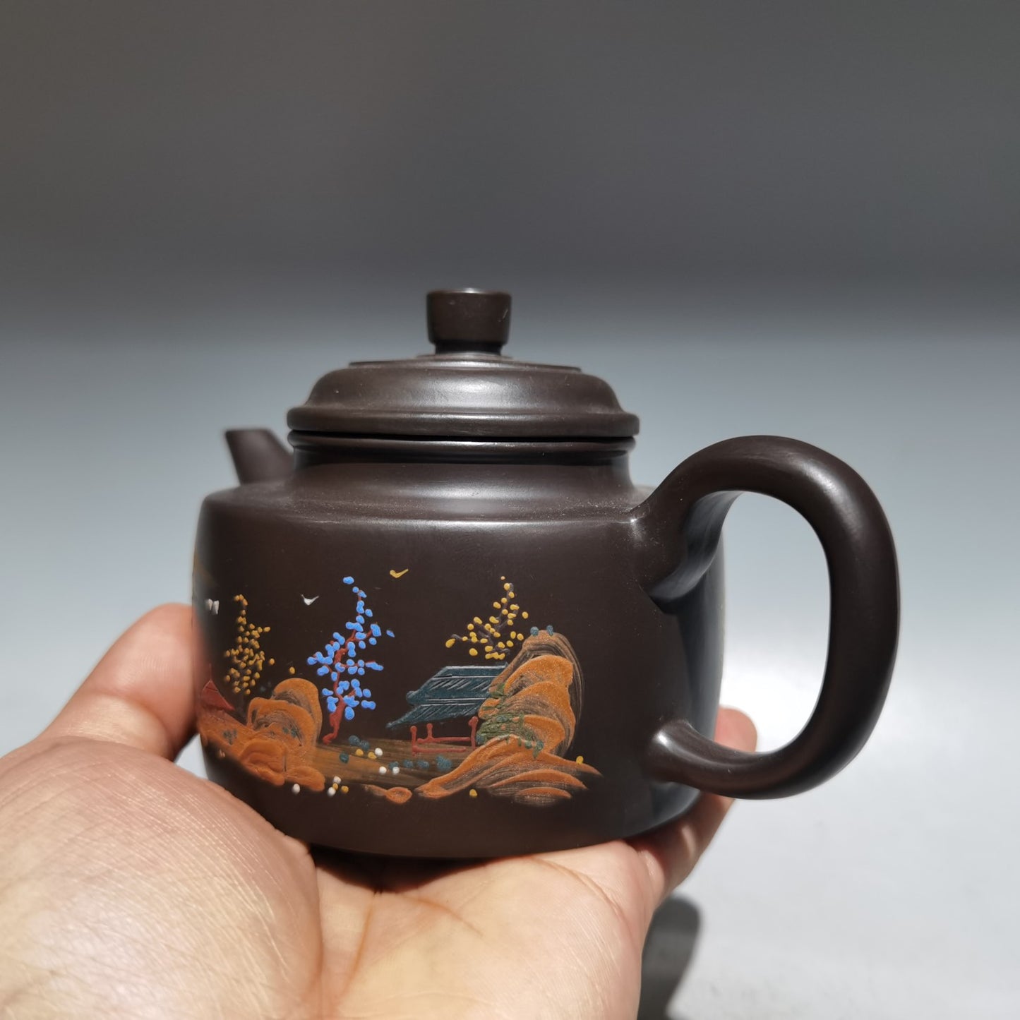 Chinese Yixing Zisha Clay Mountain River Scene Teapot w Artist Signed