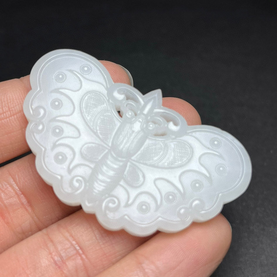 Chinese Natural White Hetian Jade Carved Butterfly Pendant