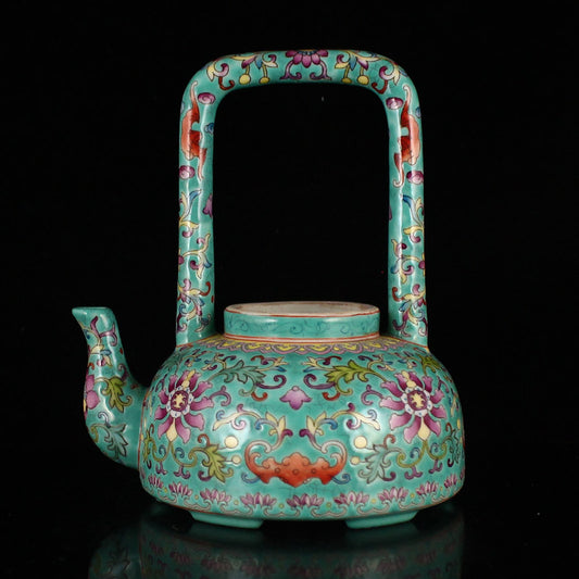 Chinese Famille Rose Flower Porcelain Handle Teapot