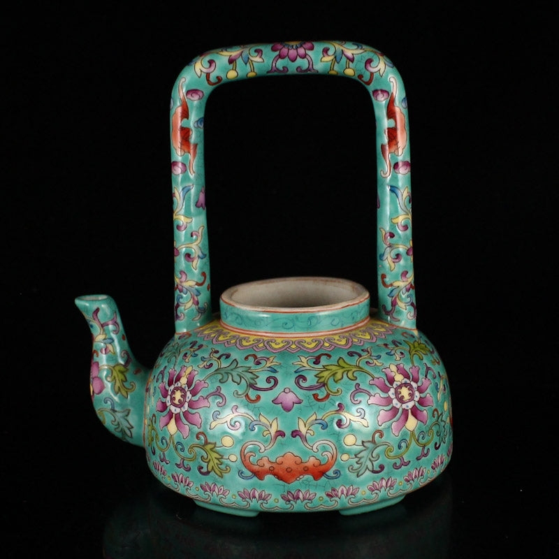 Chinese Famille Rose Flower Porcelain Handle Teapot