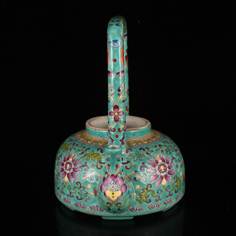 Chinese Famille Rose Flower Porcelain Handle Teapot