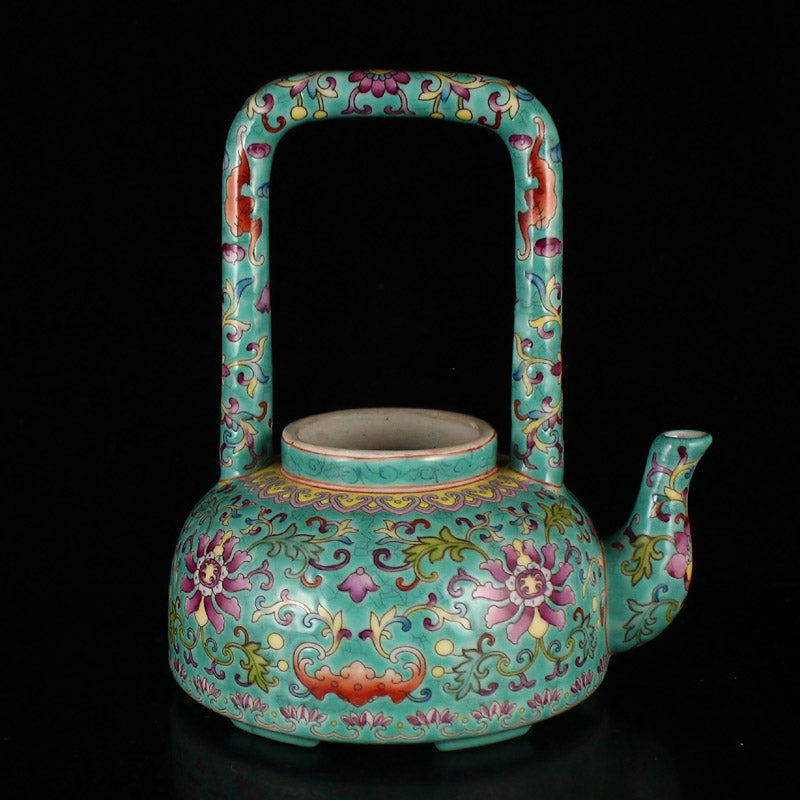 Chinese Famille Rose Flower Porcelain Handle Teapot