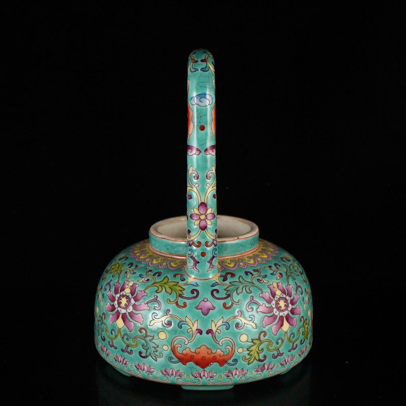 Chinese Famille Rose Flower Porcelain Handle Teapot