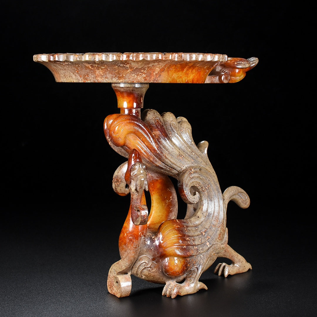 Vintage Chinese Hetian Jade Carved Phoenix Candlestick