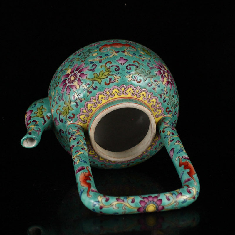 Chinese Famille Rose Flower Porcelain Handle Teapot