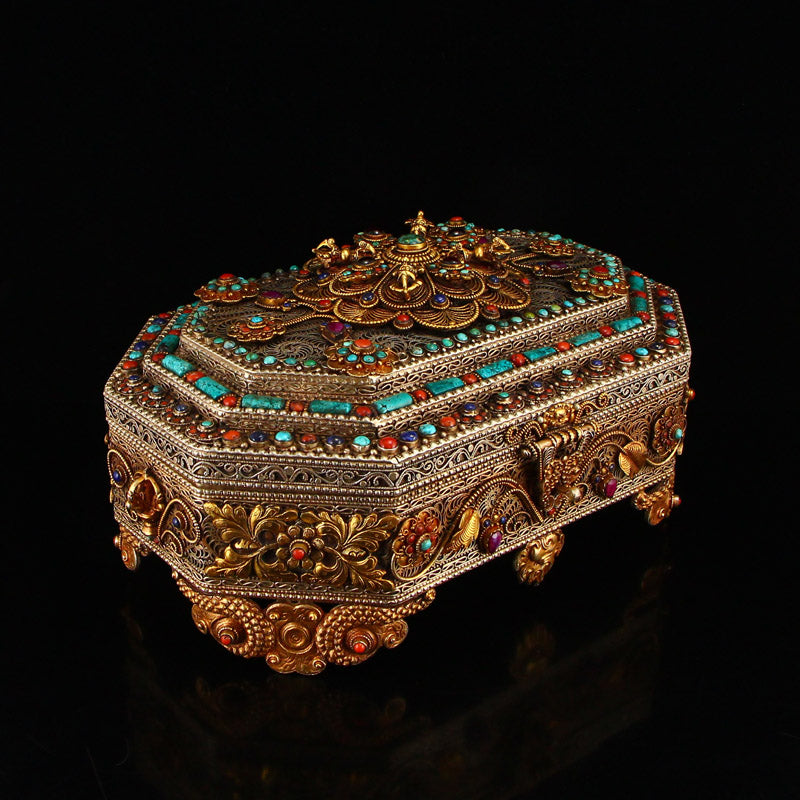 Vintage Tibetan Silver Inlay Natural Gems Jewelry Box