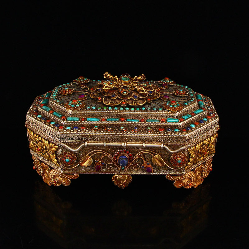 Vintage Tibetan Silver Inlay Natural Gems Jewelry Box