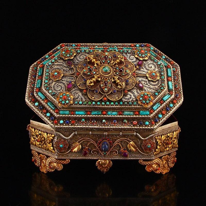 Vintage Tibetan Silver Inlay Natural Gems Jewelry Box