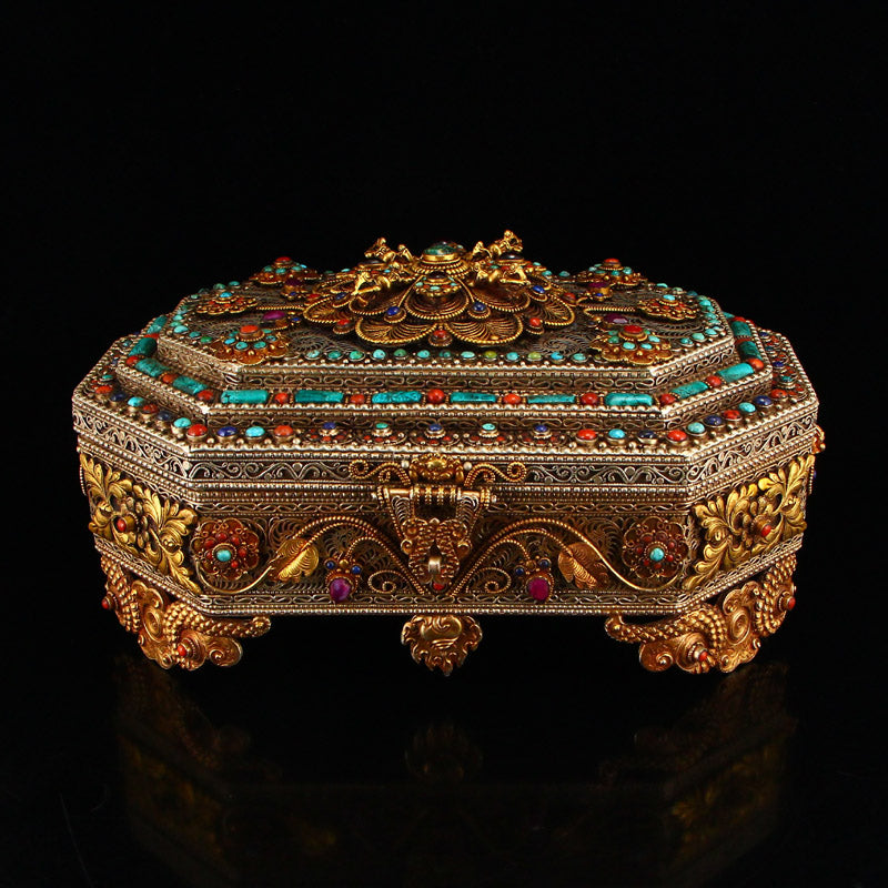 Vintage Tibetan Silver Inlay Natural Gems Jewelry Box