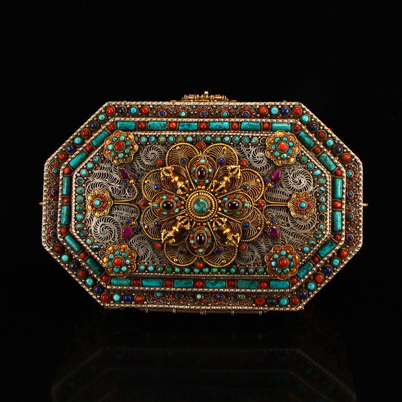 Vintage Tibetan Silver Inlay Natural Gems Jewelry Box