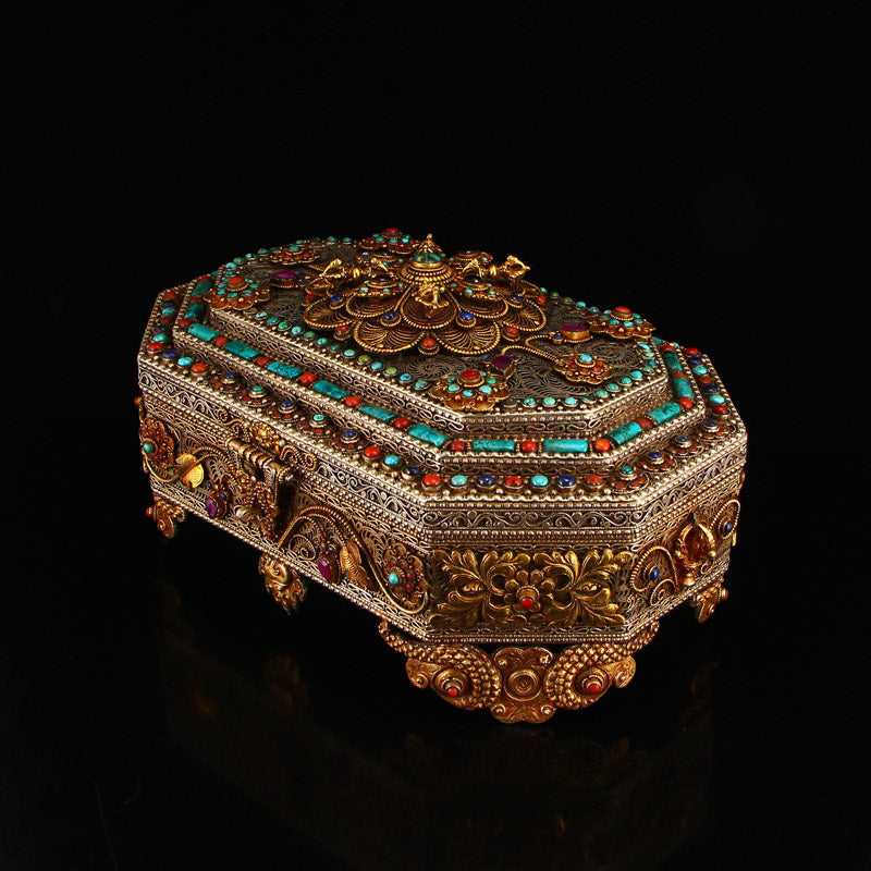 Vintage Tibetan Silver Inlay Natural Gems Jewelry Box