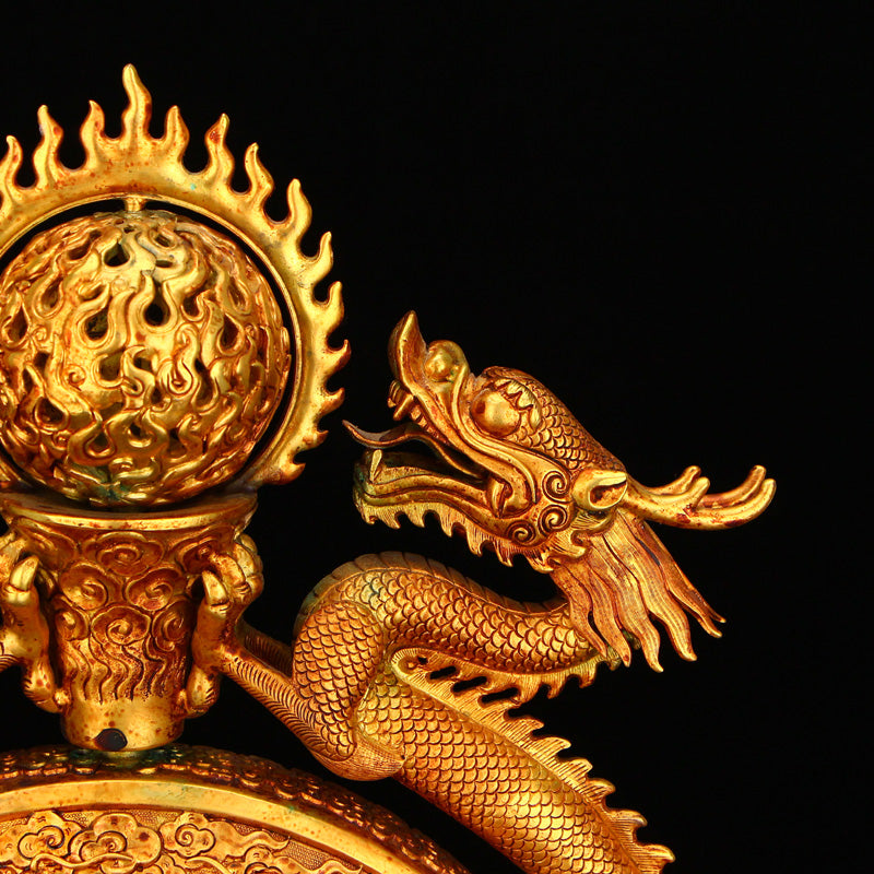 Superb Chinese Gilt Gold Copper Double Dragon Turn Heart Screen w Dragon Base & Qian Long Mark