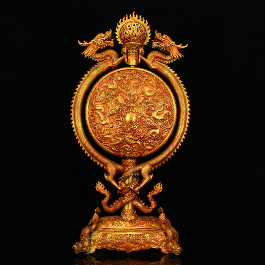 Superb Chinese Gilt Gold Copper Double Dragon Turn Heart Screen w Dragon Base & Qian Long Mark