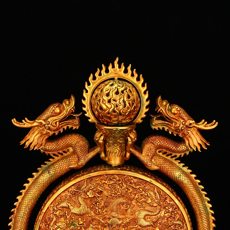 Superb Chinese Gilt Gold Copper Double Dragon Turn Heart Screen w Dragon Base & Qian Long Mark