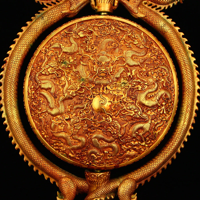 Superb Chinese Gilt Gold Copper Double Dragon Turn Heart Screen w Dragon Base & Qian Long Mark