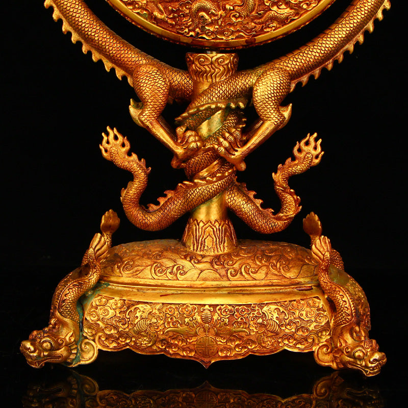 Superb Chinese Gilt Gold Copper Double Dragon Turn Heart Screen w Dragon Base & Qian Long Mark