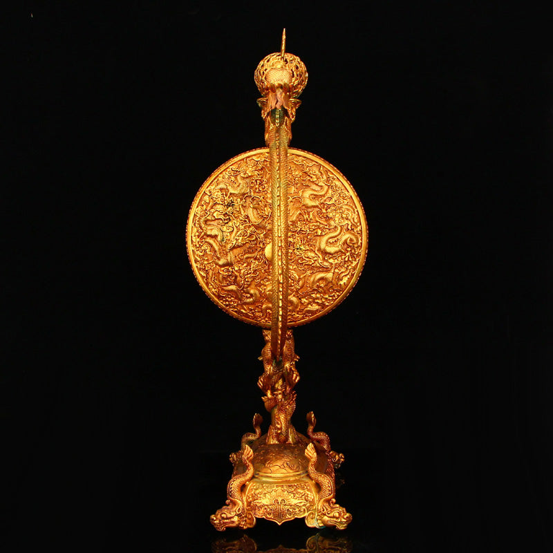 Superb Chinese Gilt Gold Copper Double Dragon Turn Heart Screen w Dragon Base & Qian Long Mark