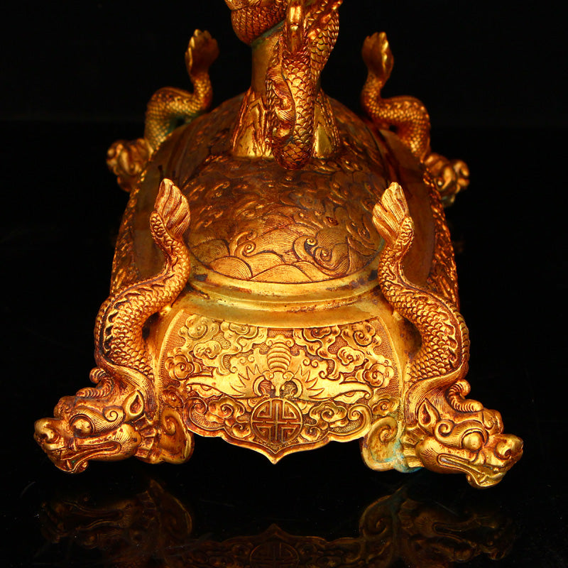 Superb Chinese Gilt Gold Copper Double Dragon Turn Heart Screen w Dragon Base & Qian Long Mark