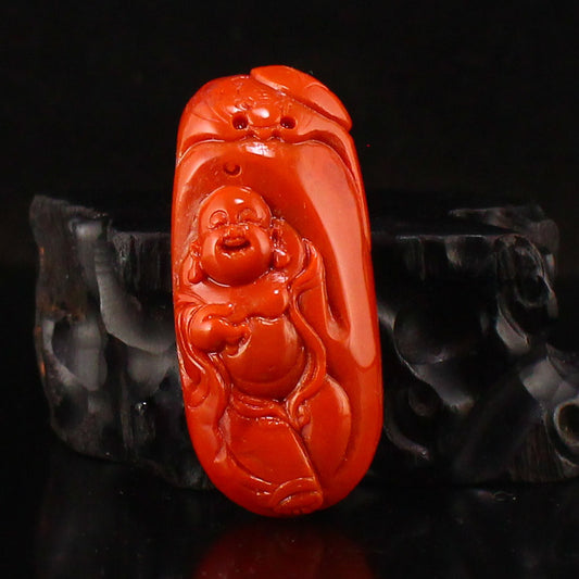 Natural Nanhong Agate Carved Bat & Laughing Buddha Pendant w Certificate