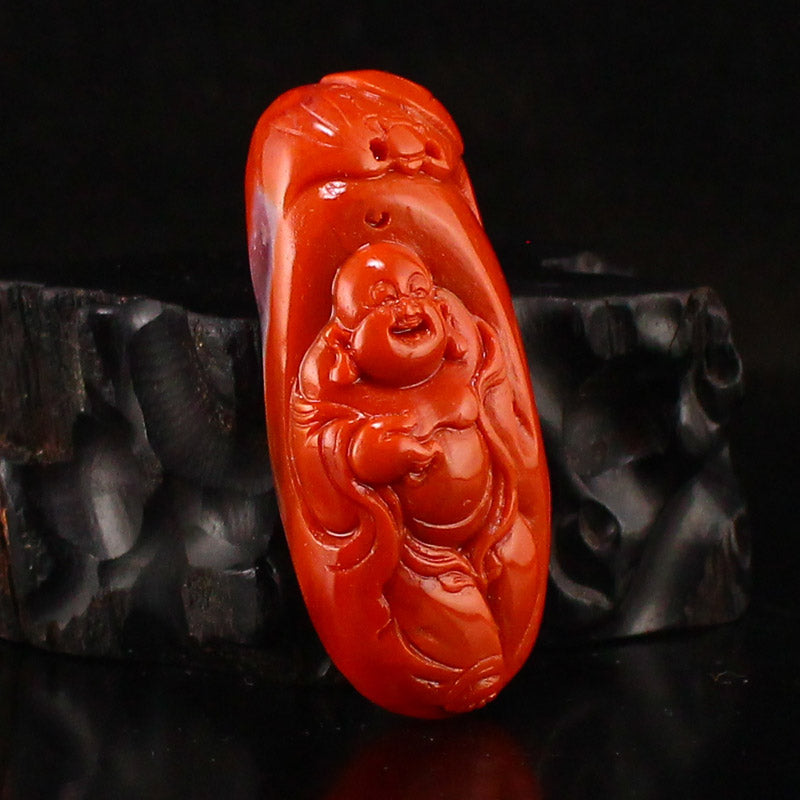 Natural Nanhong Agate Carved Bat & Laughing Buddha Pendant w Certificate