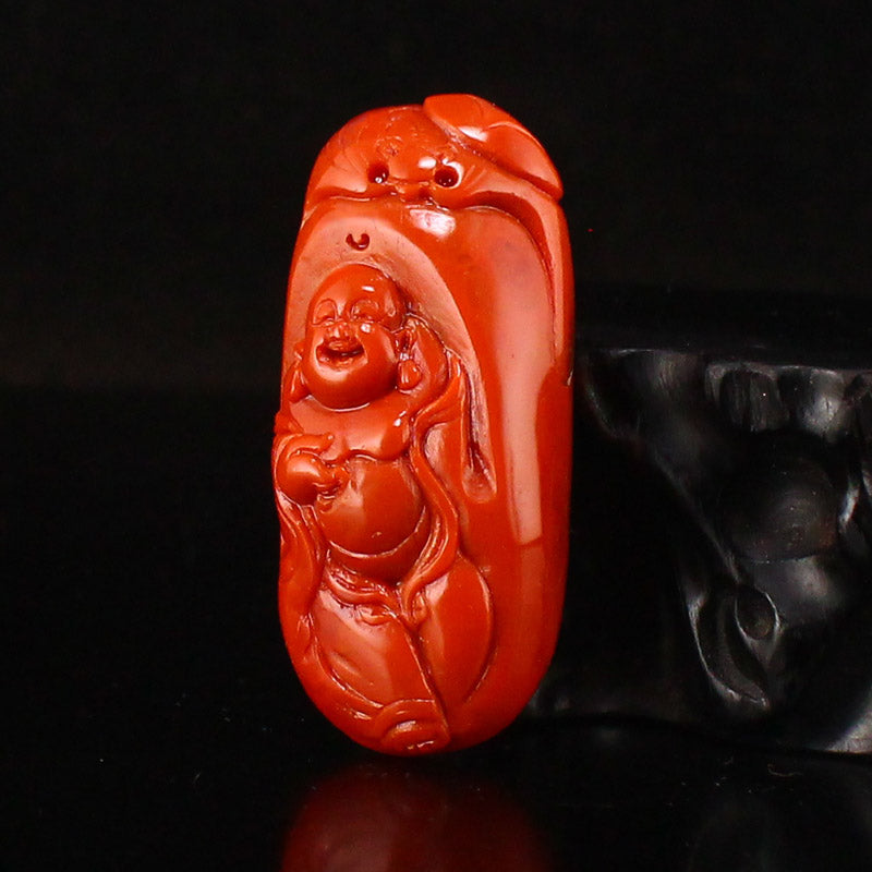 Natural Nanhong Agate Carved Bat & Laughing Buddha Pendant w Certificate