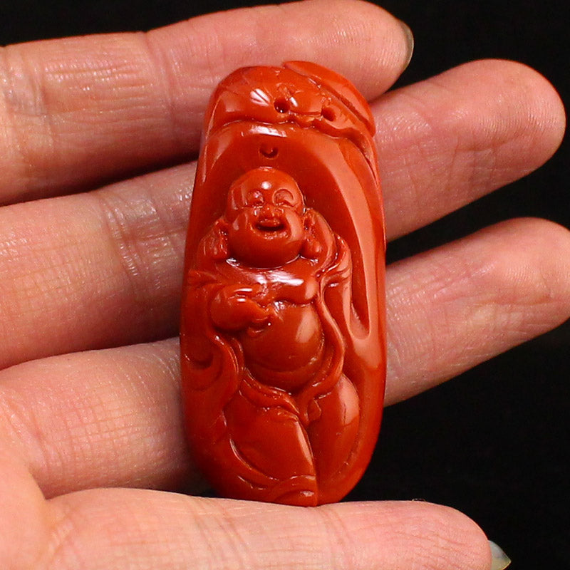 Natural Nanhong Agate Carved Bat & Laughing Buddha Pendant w Certificate