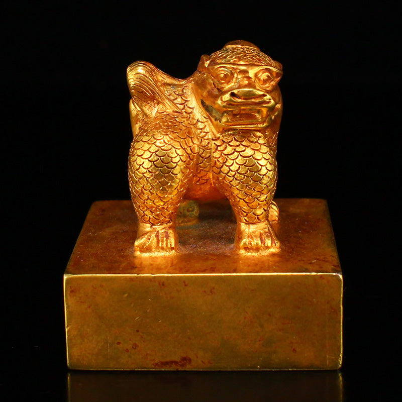 Old Chinese Gilt Gold Bronze Kylin Seal