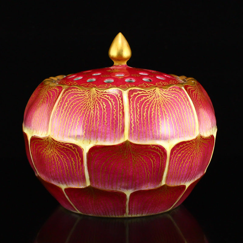 Chinese Gilt Gold Red Glaze Porcelain Lotus Pod Incense Burner w Qianlong Mark