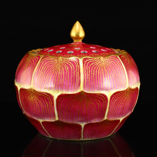 Chinese Gilt Gold Red Glaze Porcelain Lotus Pod Incense Burner w Qianlong Mark