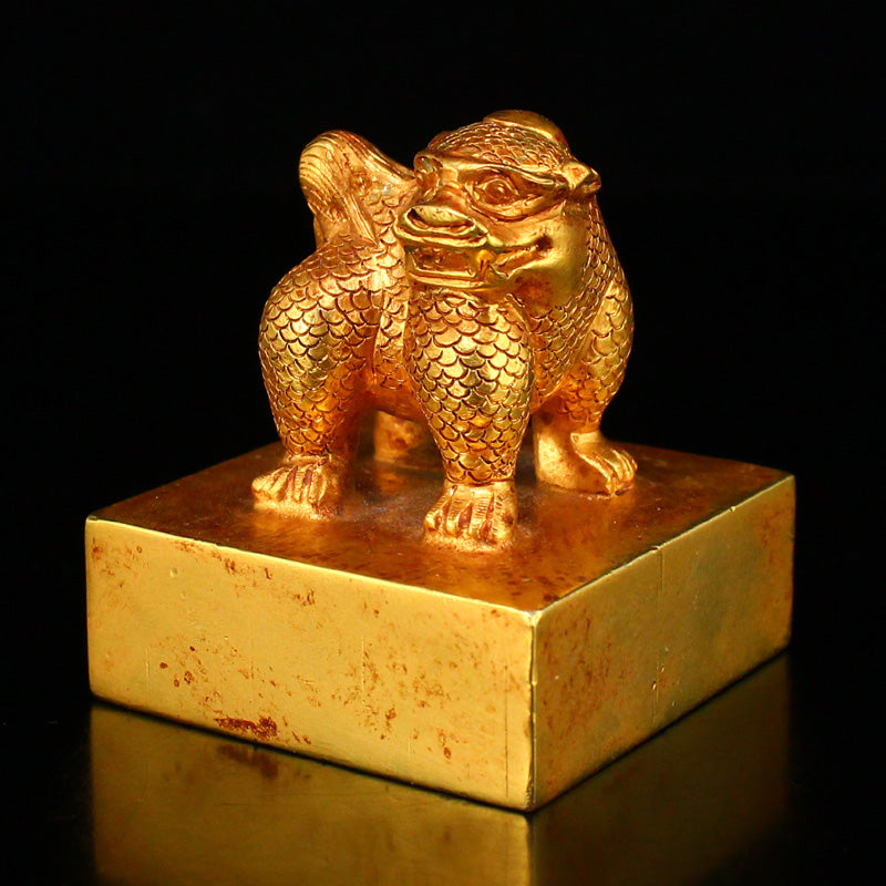 Old Chinese Gilt Gold Bronze Kylin Seal