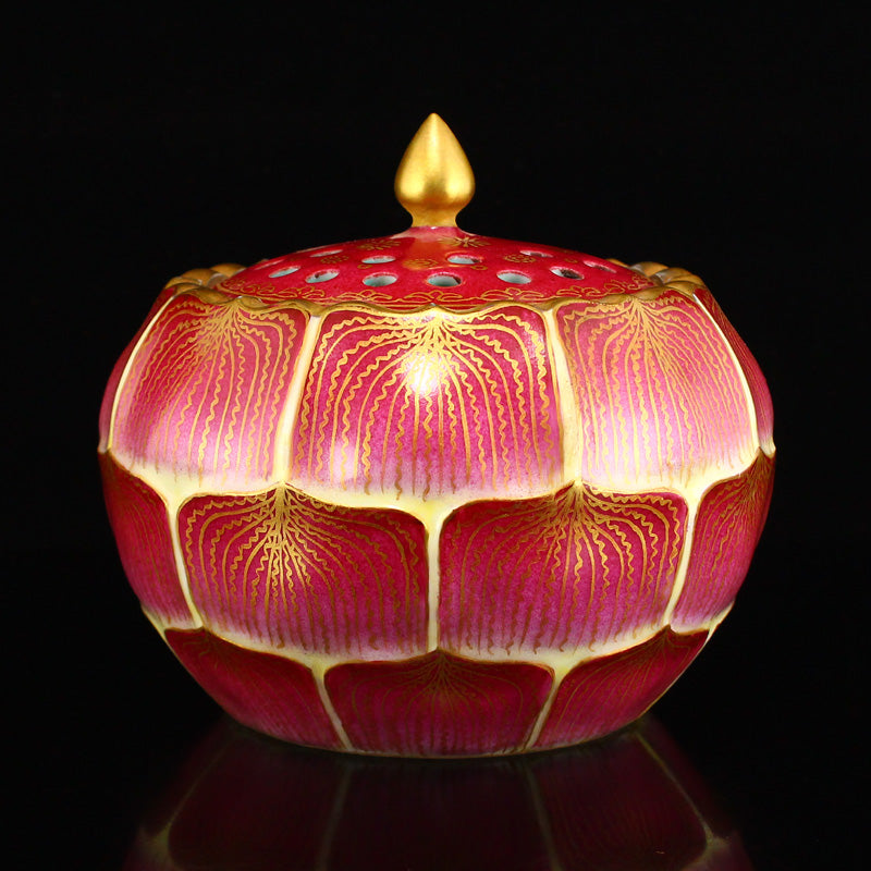 Chinese Gilt Gold Red Glaze Porcelain Lotus Pod Incense Burner w Qianlong Mark