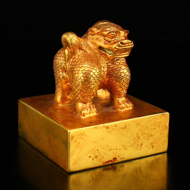 Old Chinese Gilt Gold Bronze Kylin Seal