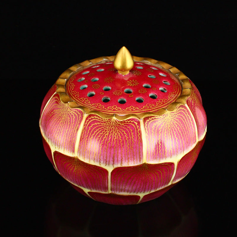 Chinese Gilt Gold Red Glaze Porcelain Lotus Pod Incense Burner w Qianlong Mark