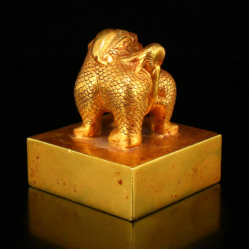 Old Chinese Gilt Gold Bronze Kylin Seal