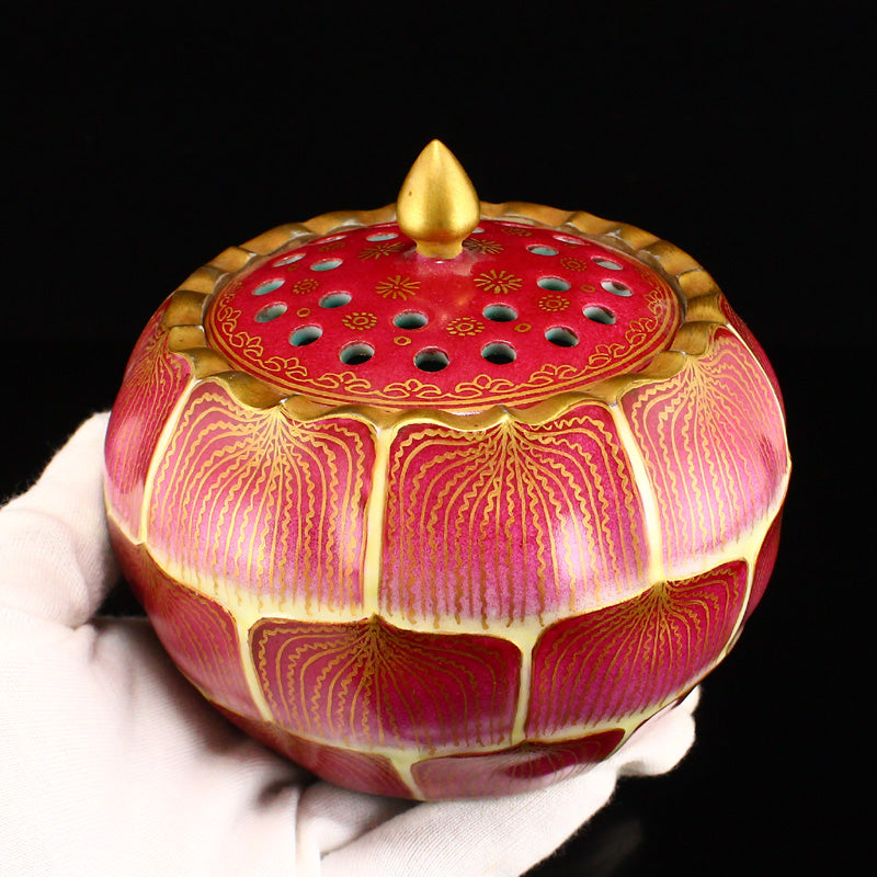 Chinese Gilt Gold Red Glaze Porcelain Lotus Pod Incense Burner w Qianlong Mark