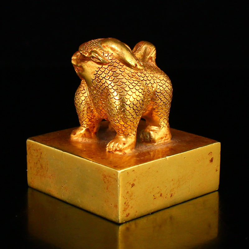 Old Chinese Gilt Gold Bronze Kylin Seal