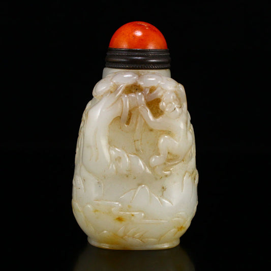 Old Chinese Hetian Jade Low Relief Monkey Snuff Bottle