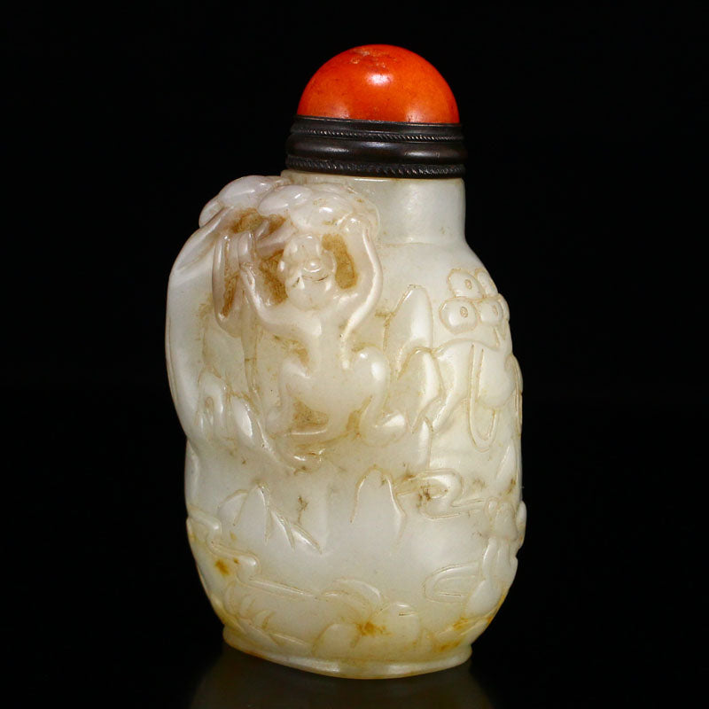 Old Chinese Hetian Jade Low Relief Monkey Snuff Bottle