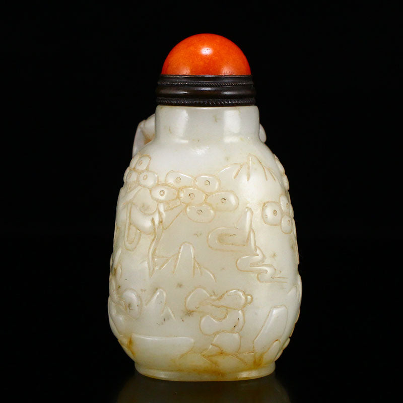 Old Chinese Hetian Jade Low Relief Monkey Snuff Bottle