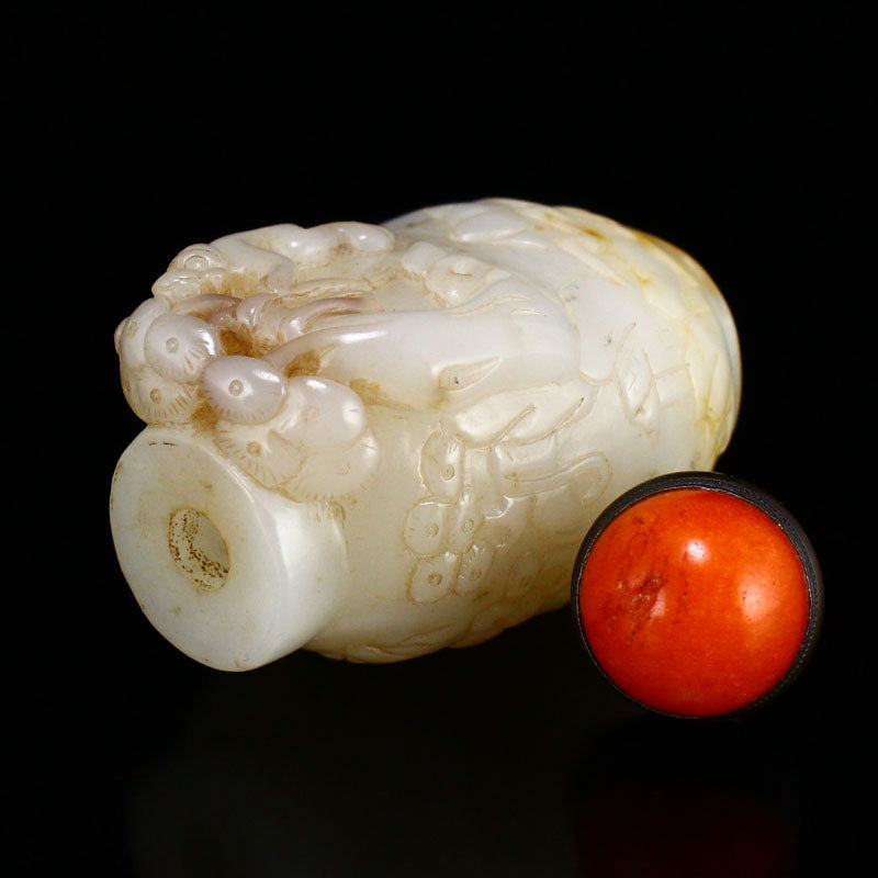 Old Chinese Hetian Jade Low Relief Monkey Snuff Bottle