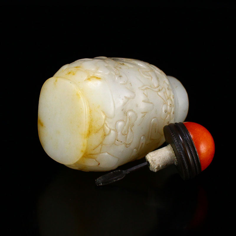 Old Chinese Hetian Jade Low Relief Monkey Snuff Bottle