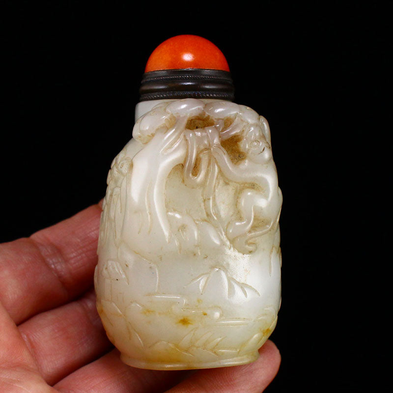 Old Chinese Hetian Jade Low Relief Monkey Snuff Bottle