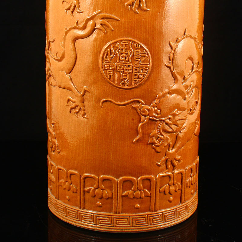 Chinese Yellow Glaze Low Relief Fortune Dragon Porcelain Painting Pot