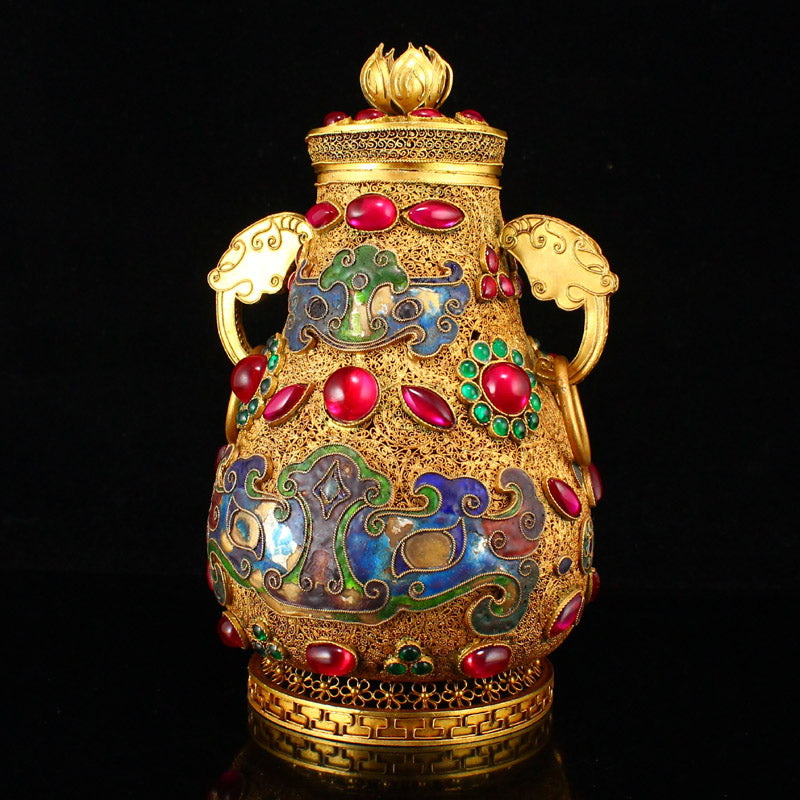 Superb Chinese Gold Wire Enamel Inlay Gem Double Rings Pot w Lid