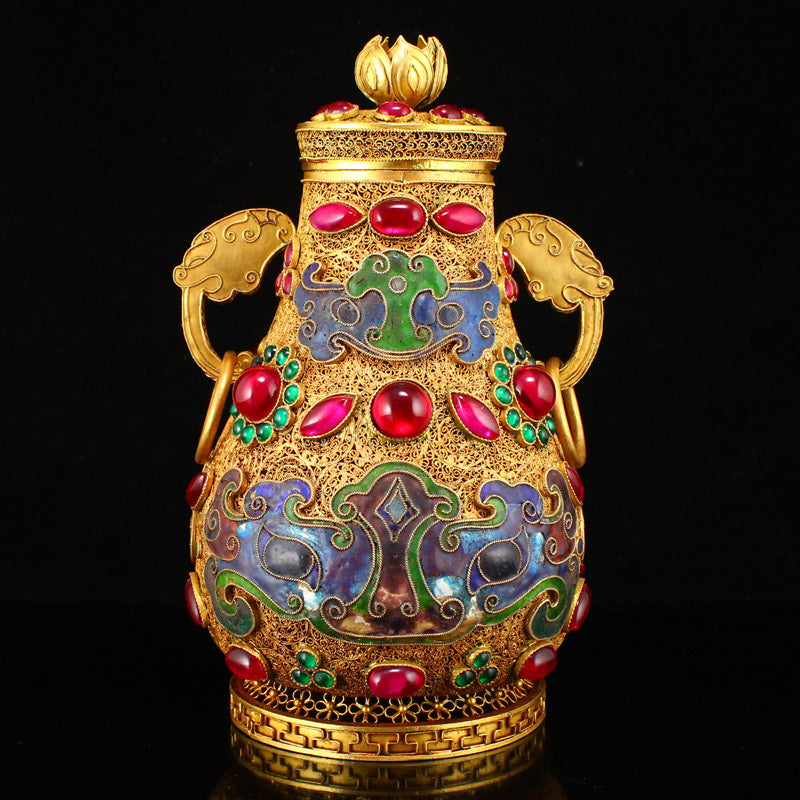 Superb Chinese Gold Wire Enamel Inlay Gem Double Rings Pot w Lid