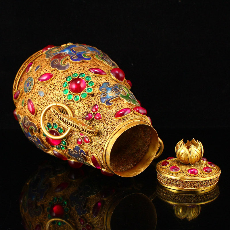 Superb Chinese Gold Wire Enamel Inlay Gem Double Rings Pot w Lid